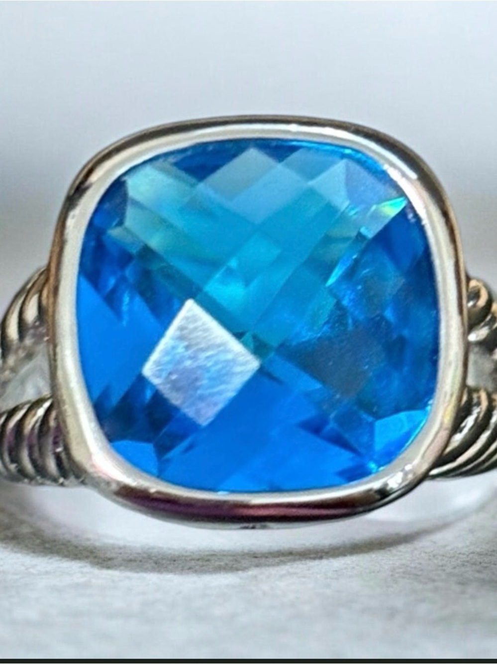 Blue Cushion-Cut Gemstone Ring - Silver Tone